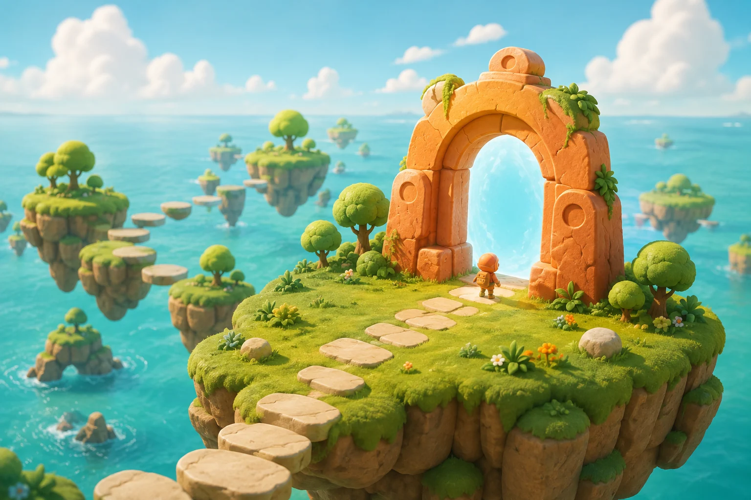 An illustrated explorer finds an orange doorway on a sunlit floating island.